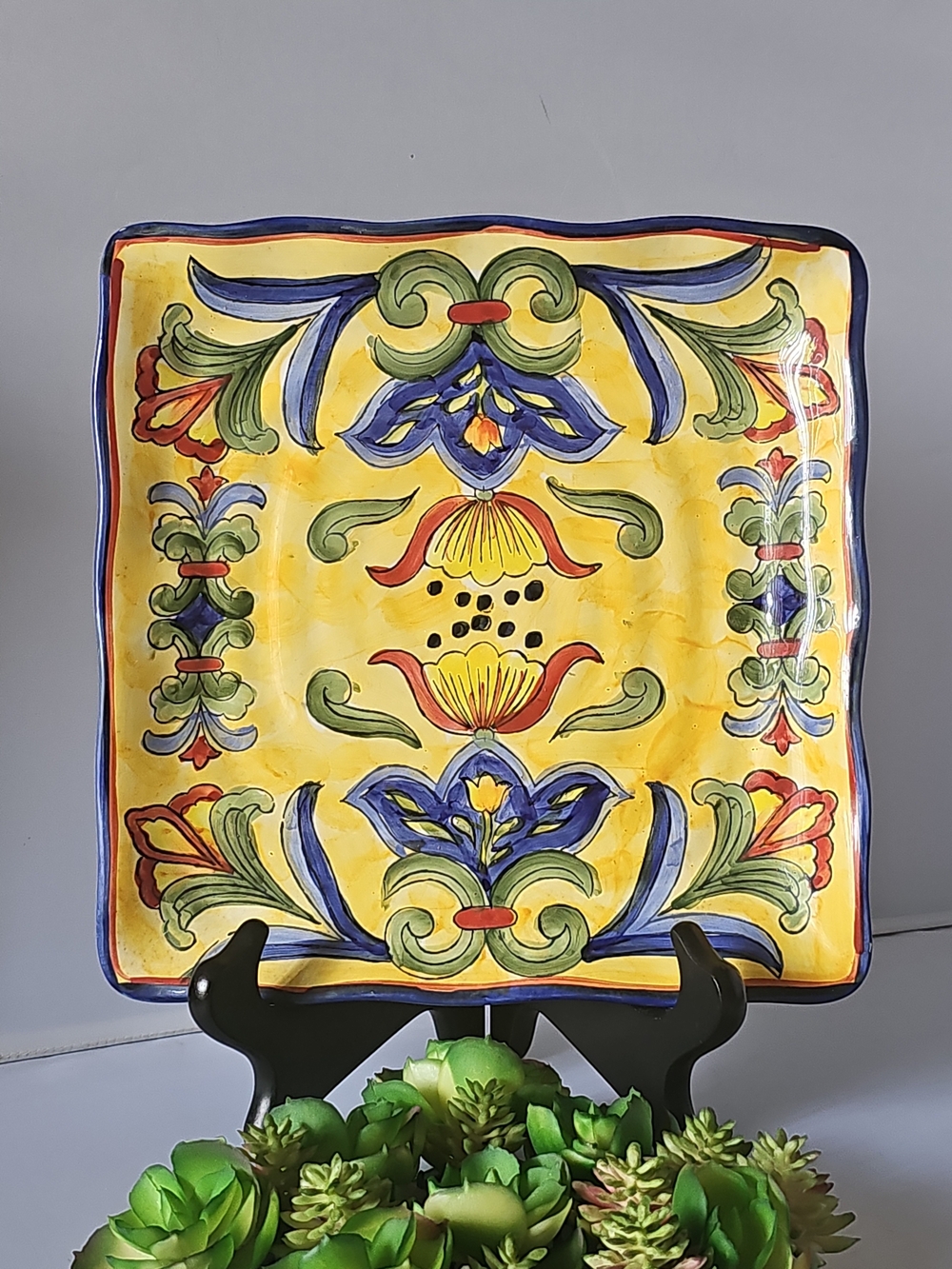 Vintage Talavera Hand-Painted Yellow Floral Ceramic Square Dinnerware Plate